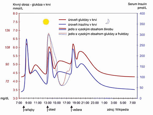 Obrázok znázorňuje pohyb krvného cukru počas dňa. Všimnite si, že po jedle krvný cukor prudko narastie, no potom veľmi rýchlo klesá.