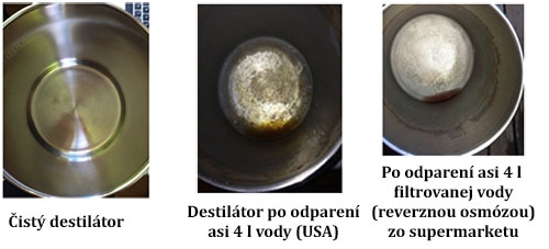 Destilátor čistý a po odparení asi 4 litrov vody z kohútika a zo supermarketu.