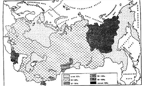 Mapa Ruska s oblasťami, kde sa ľudia dožívajú najviac.