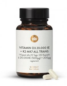 Vitamín D3 + K2 MK7 20 000 IU + 200 µg All-Trans, 120 kapsúl